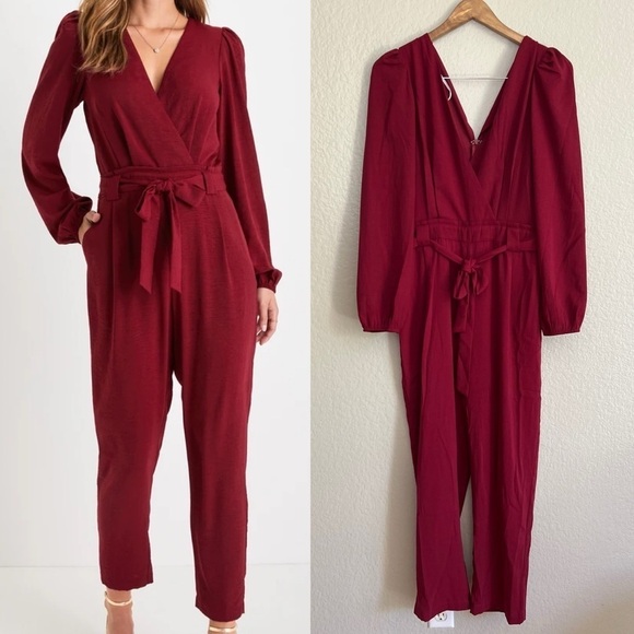 Lulus Pants - NWOT In the City Burgundy Surplice Long Sleeve Jumpsuit